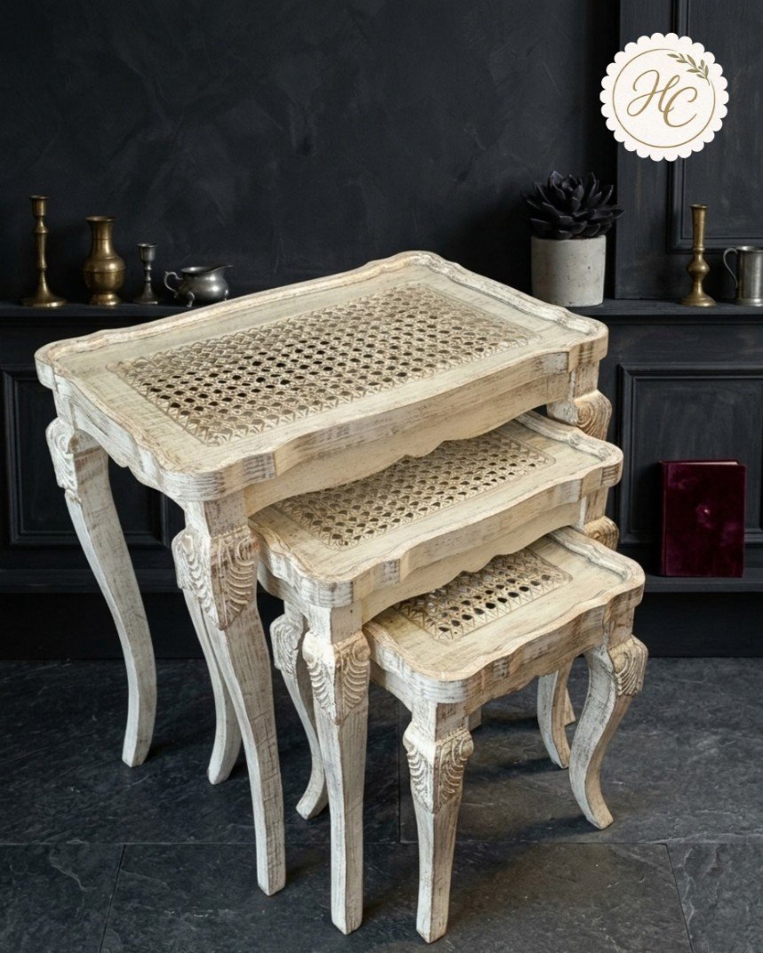 Cane Ivory and Gold Nesting Table Set