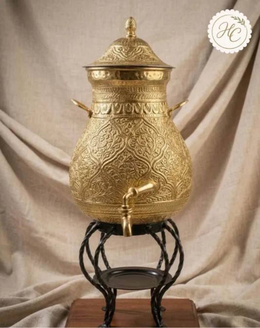 Handcrafted Brass Juice Dispenser with Wrought Iron Stand