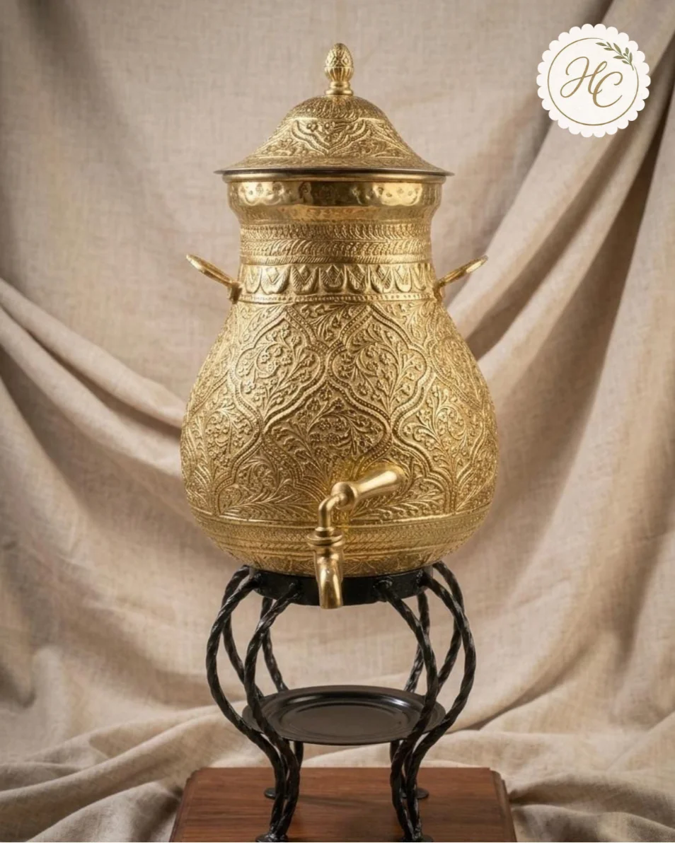 Handcrafted Brass Juice Dispenser with Wrought Iron Stand