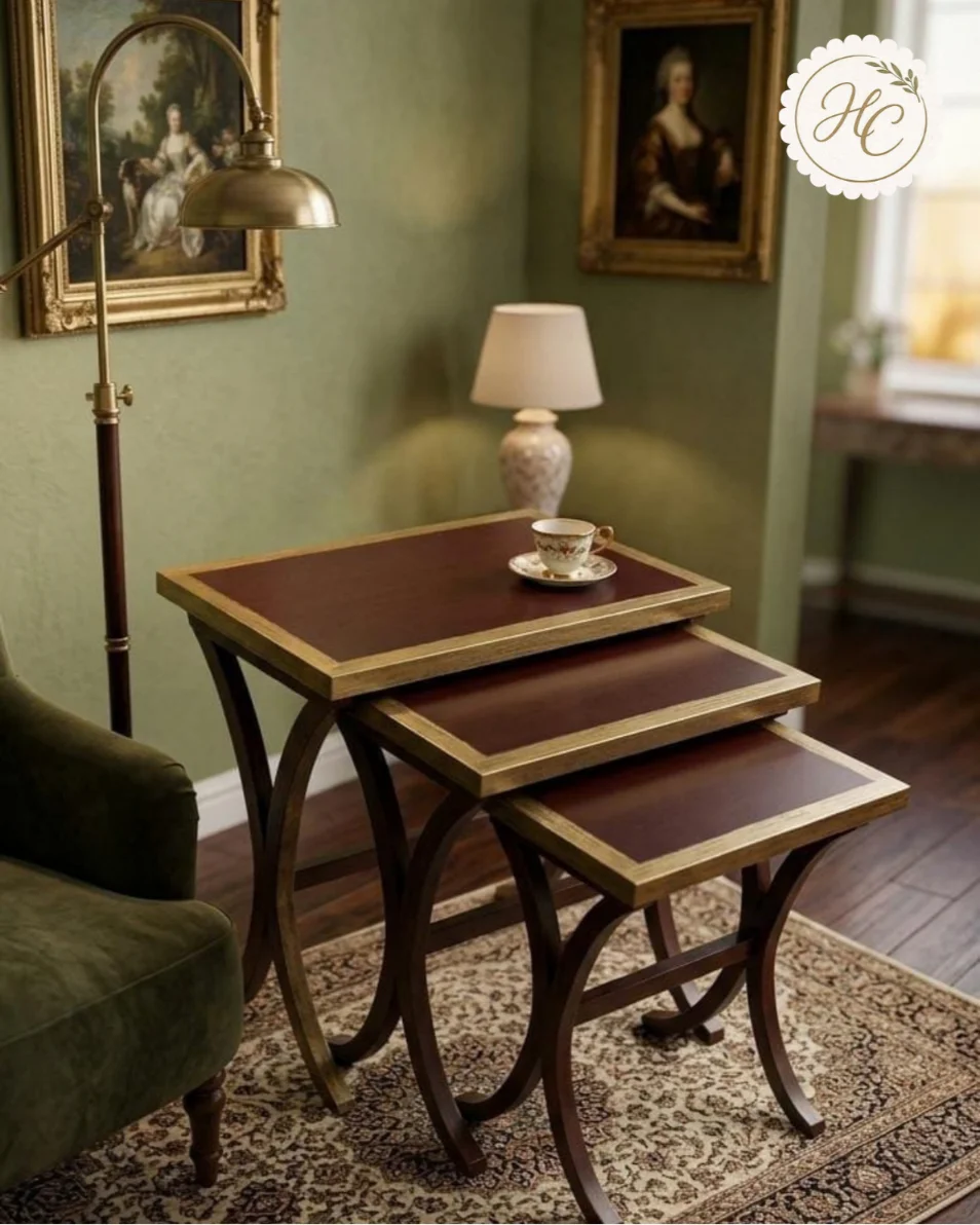 Antique-Style Nesting Tables with Gold-Trimmed Borders