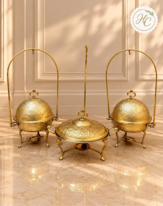 Handcrafted Brass Serving Set – 3 Pieces With Two Round Chafing Dishes