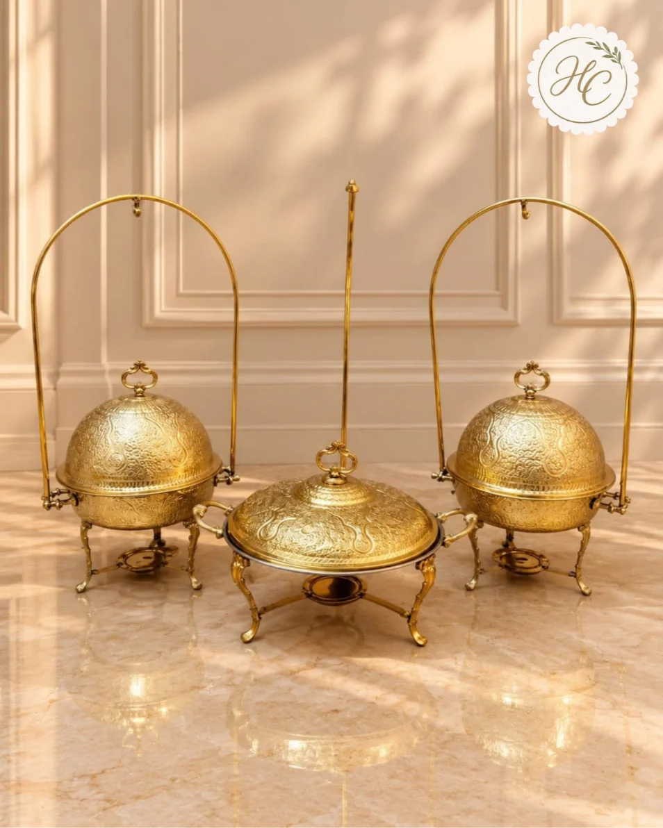 Handcrafted Brass Serving Set – 3 Pieces With Two Round Chafing Dishes
